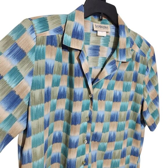 Donnkenny Blouse Size Large Blue Lightweight Shoulder Pads Summer - Picture 2 of 11